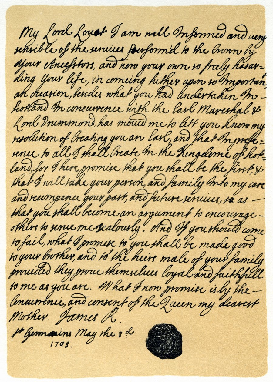 詹姆斯·爱德华·斯图亚特（James Edward Stuart）1703年5月3日给圣日耳曼洛瓦特勋爵西蒙·弗雷泽的信。 作者 詹姆斯·斯图尔特