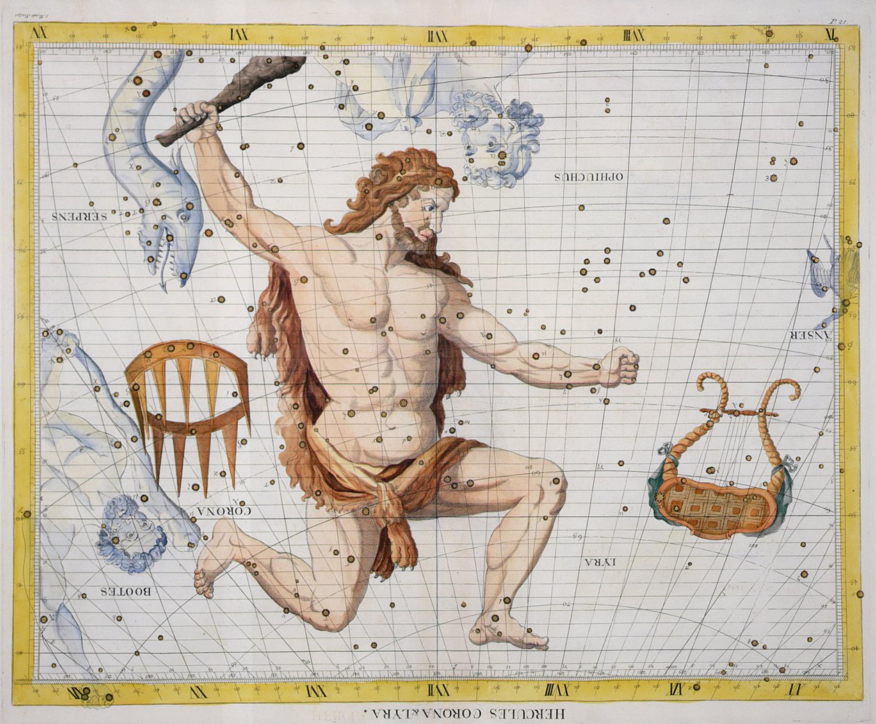 Corona和Lyra的赫拉克勒斯星座，来自&39;Atlas Coelestis&39;的21号板，John Flamsteed（1646-1710），于1729年出版（手工彩色雕刻） 作者 詹姆斯·桑希尔
