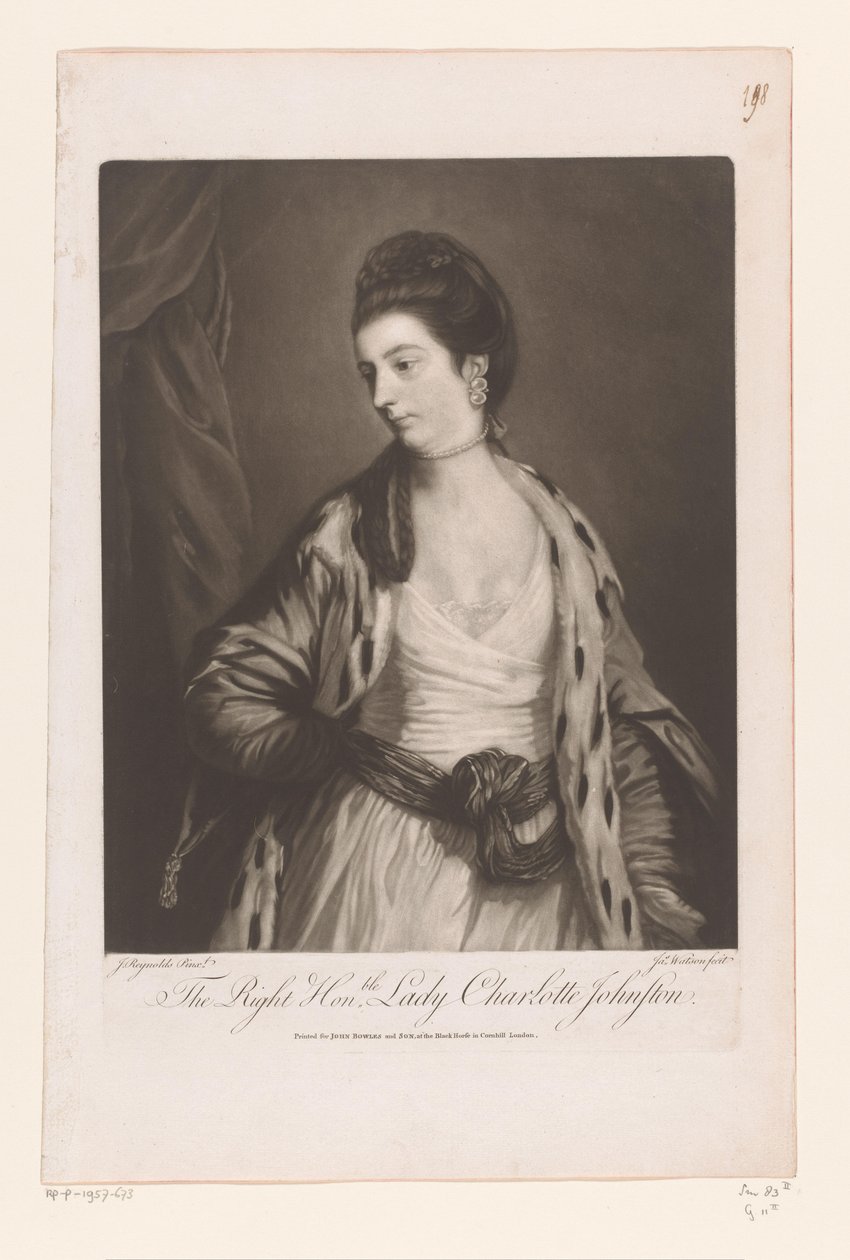 Portret van Charlotte Johnstone
The Right Honble.夏洛特-约翰斯顿夫人（物品上的头衔） 作者 詹姆斯·沃森（版画家）