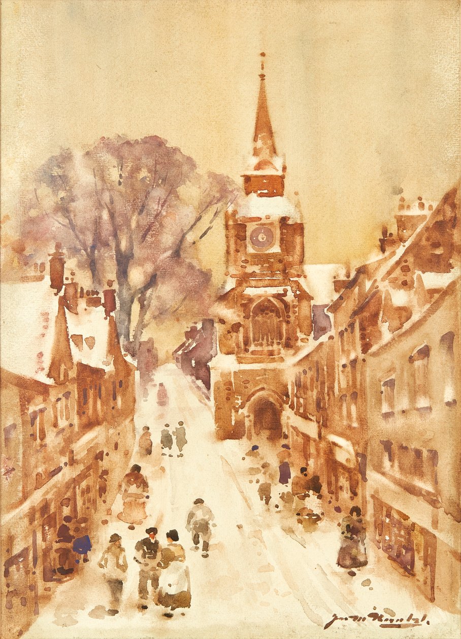 冬季街景（水彩画） 作者 詹姆斯·沃特斯顿先驱报
