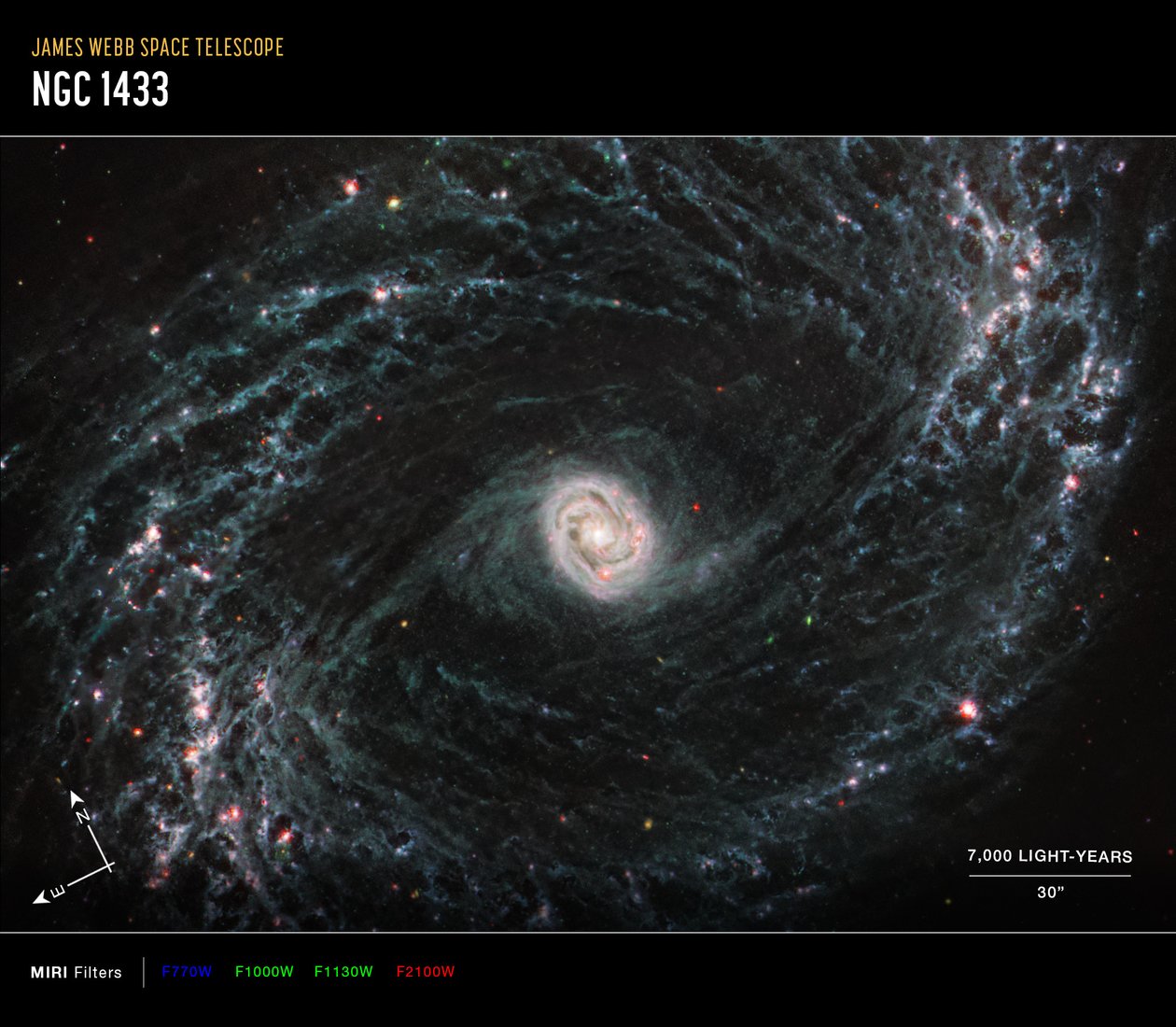 NGC 1433（MIRI 指南针图像） 作者 詹姆斯韦伯太空望远镜 (NASA)