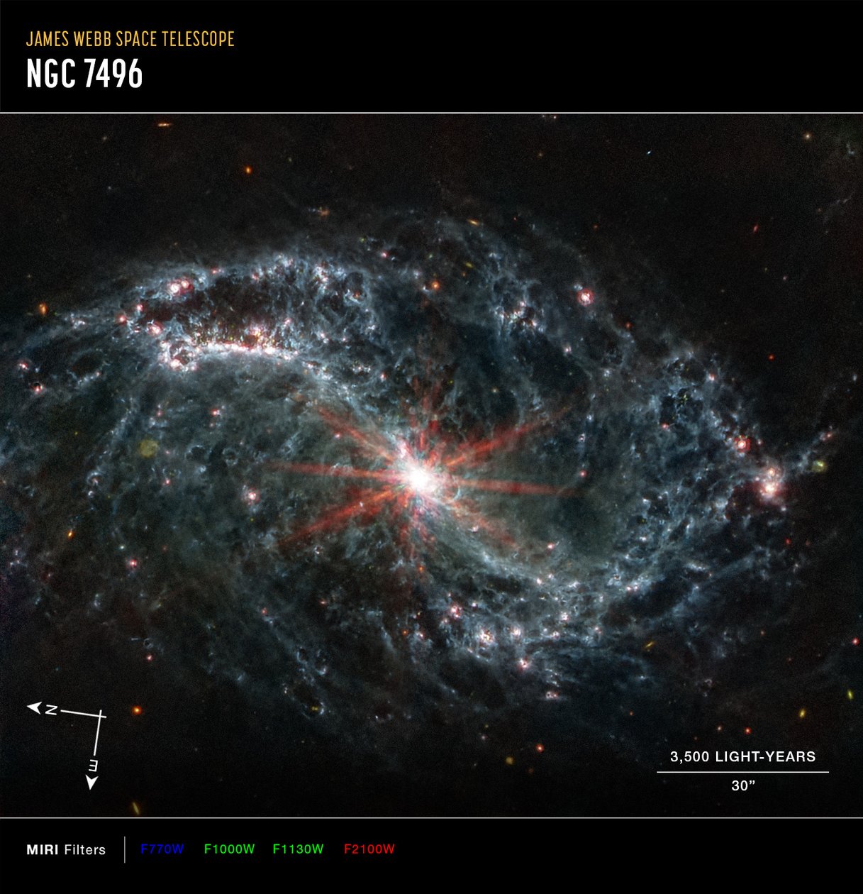 NGC 7496（MIRI 指南针图像） 作者 詹姆斯韦伯太空望远镜 (NASA)