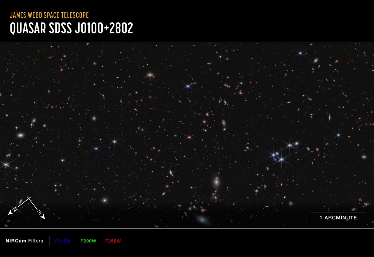 Quasar J0100+2802（NIIRCam 指南针图像） 作者 詹姆斯韦伯太空望远镜 (NASA)