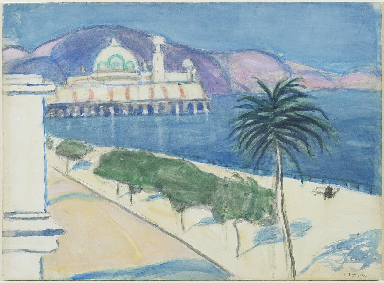 海边赌场，约1921年（安装在船上编织纸上的石墨和水彩画） 作者 詹姆斯·威尔逊·莫里斯