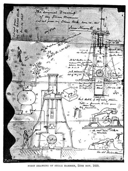 1839年11月24日蒸汽锤的第一幅画，来自Nasmyths素描本的撕裂页面，由R. Paterson雕刻而成 作者 纳斯密斯之后的詹姆斯