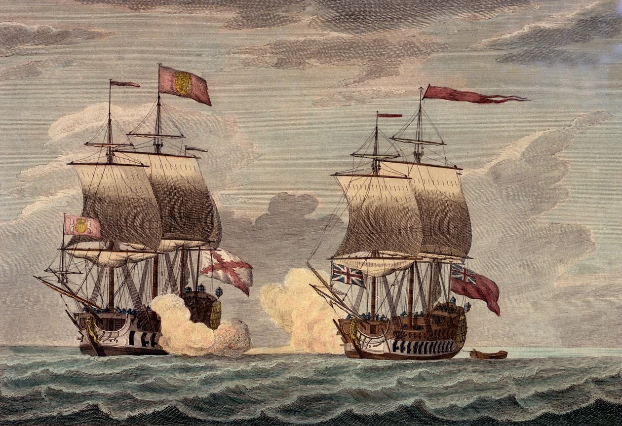 1743 年 6 月 20 日下午两点左右，安森准将率领 227 名船员（其中 30 名是男孩）乘坐 "百夫长 "号，袭击了富饶的阿库普尔科（Acupulco）船 Nuestra Senora de Capodongo，不到半小时就迫使其投降。 作者 詹姆斯和劳里·罗伯特 (1755 1836) 惠特尔