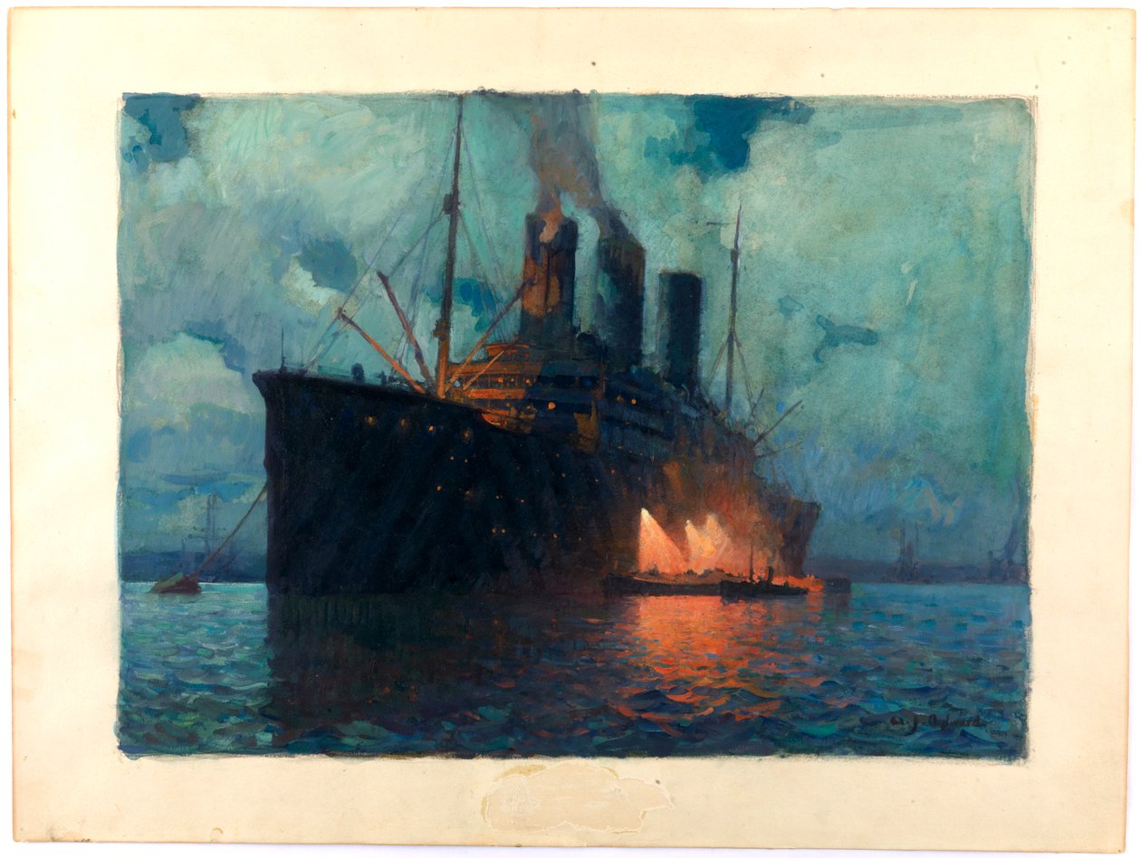 约 1919 年，夜间为运输工具装填煤炭（纸板油画） 作者 詹姆斯·德·维恩·艾尔沃德
