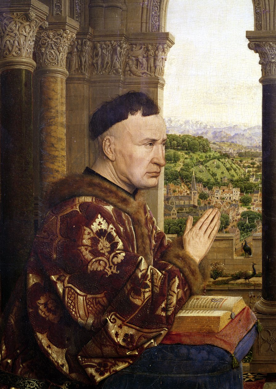 德国总理尼古拉斯·罗林（1376-1462）c.1435的Rolin Madonna（大臣Rolin的处女）细节 作者 扬·范·埃克
