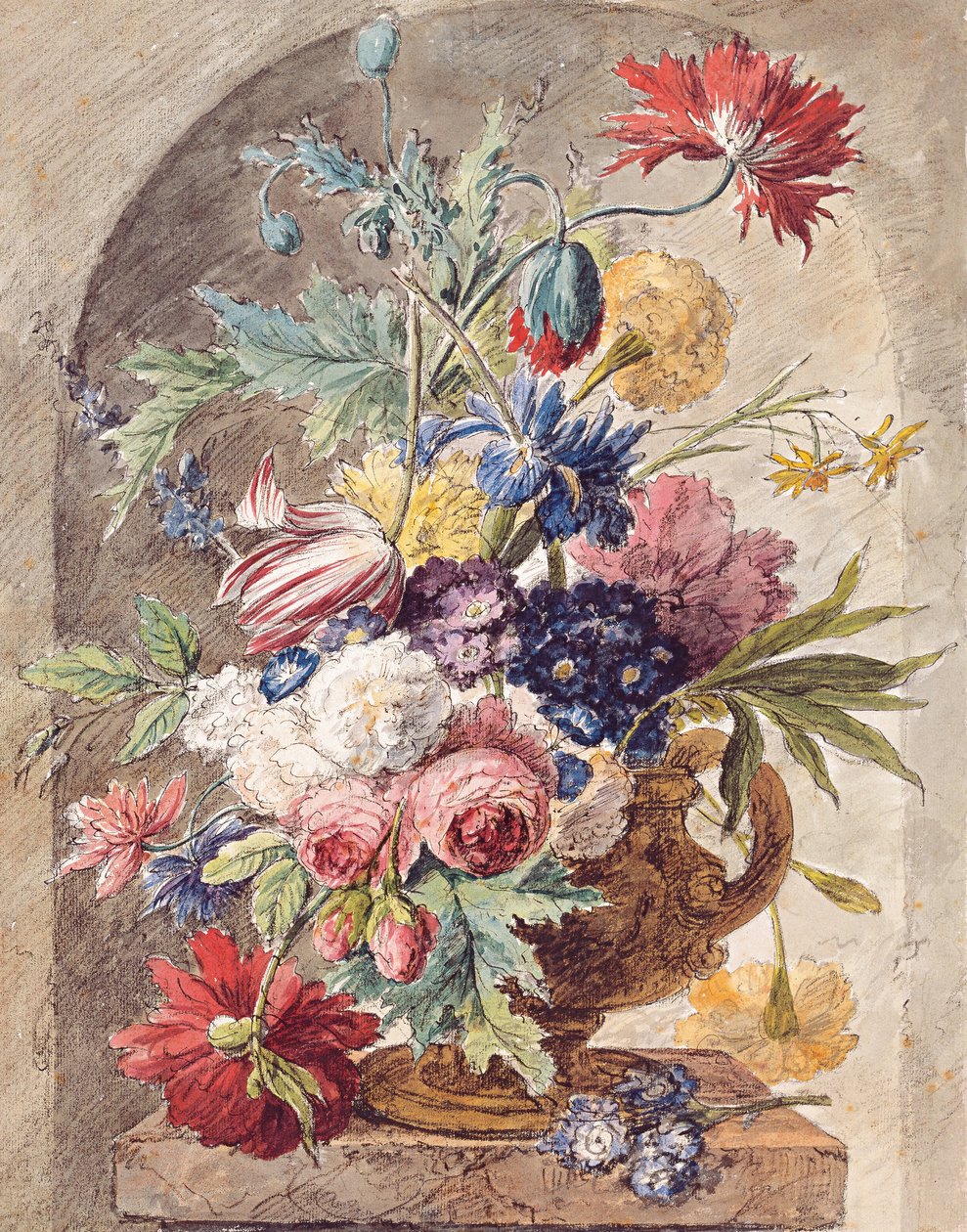 花卉静物，c。 1734 作者 扬·范·休森（Jan van Huysum）