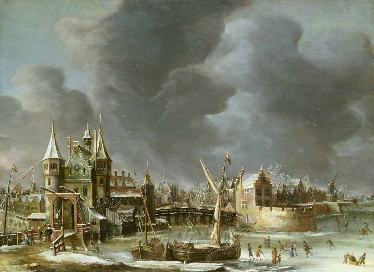 Regulierspoort，阿姆斯特丹的看法，在冬天 作者 扬·亚伯拉罕（Jan Abrahamsz）。啤酒率