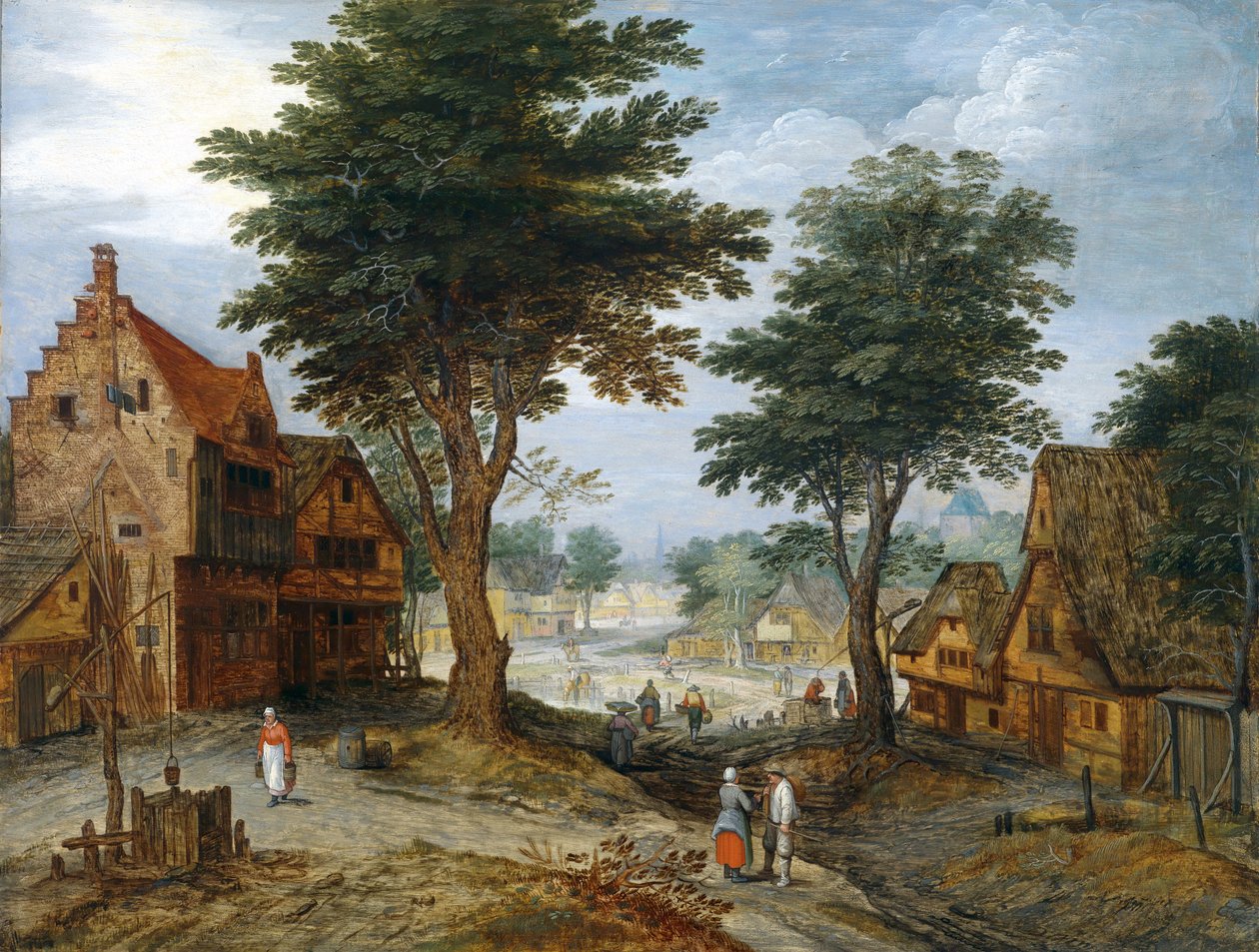 与树的繁忙的村庄风景 作者 扬·布鲁格（Jan Brueghel）