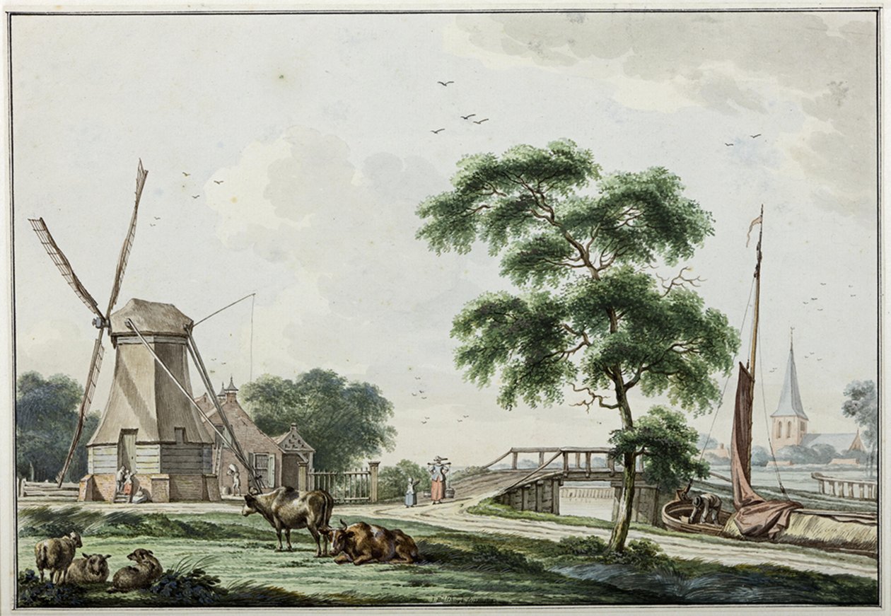 Ulrumertil在捕鲸旅行中与pelmill和背景中的Ulrum教堂 作者 扬·布特胡斯（Jan Bulthuis）