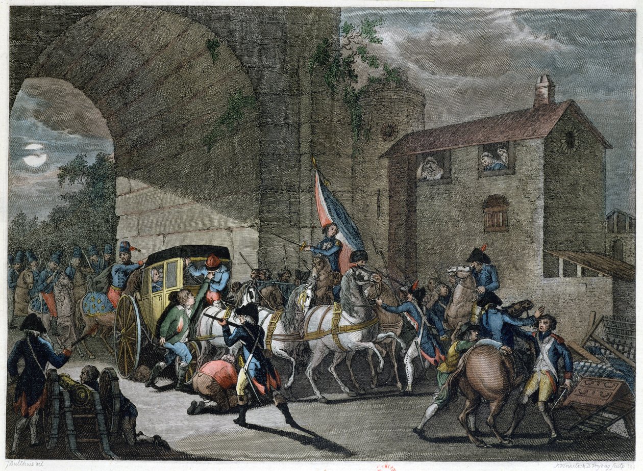 1791年6月22日路易十六（1754-93）在Varennes的审判，由Reinier Vinkeles（1741-1816）和Daniel Vrydag（1765-1822）刻。 作者 扬·布特胡斯（Jan Bulthuis）