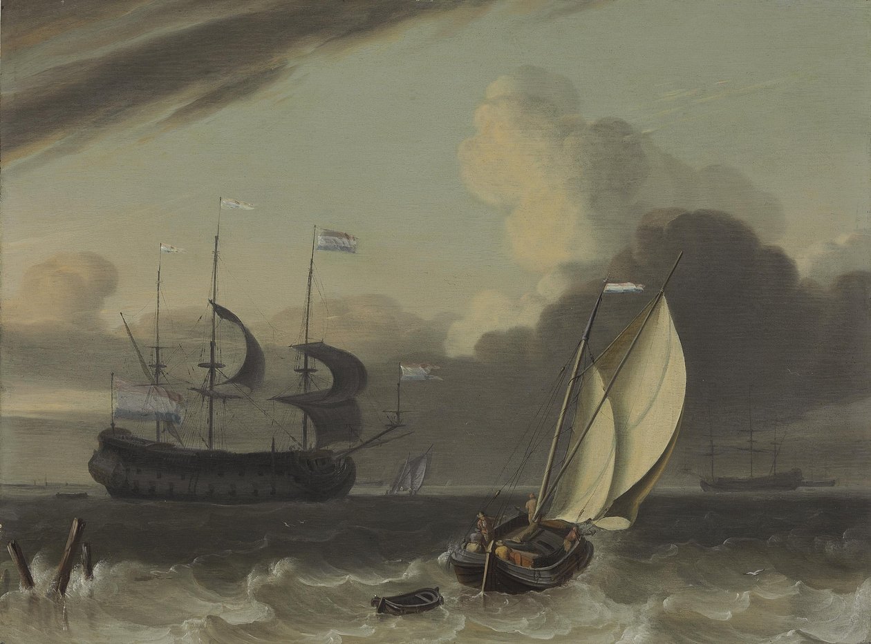 一个荷兰商人和一个spritsail驳船在微风中 作者 扬·克拉斯·里兹霍夫（Jan Claesz Rietschoof）