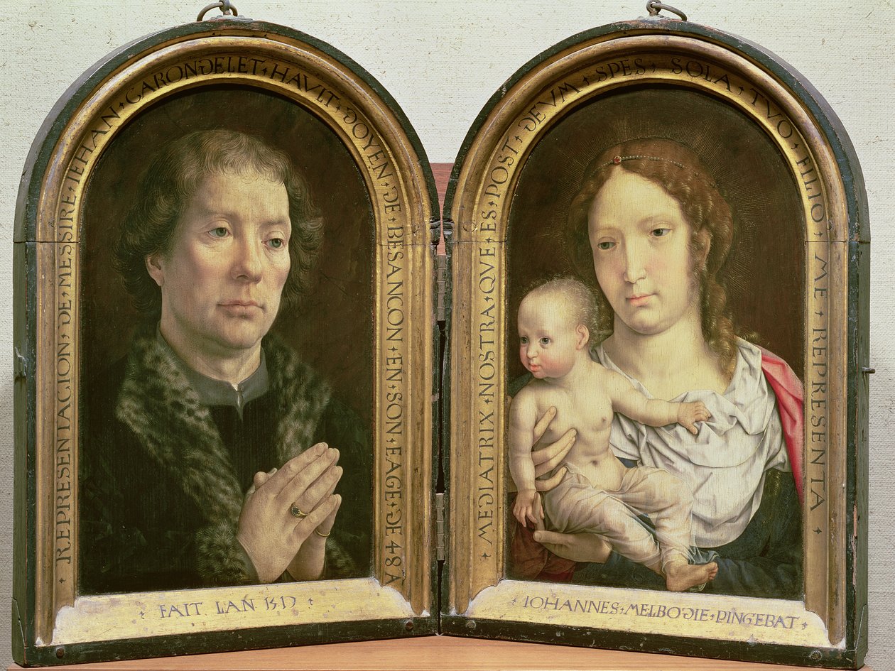 Carondelet Diptych; （LtoR）Jean Carondelet的肖像（1469-1545）贝桑松教堂院长，查理五世的议员;麦当娜和儿童，1517年（另见210362和210363） 作者 扬·高萨特（Jan Gossaert）