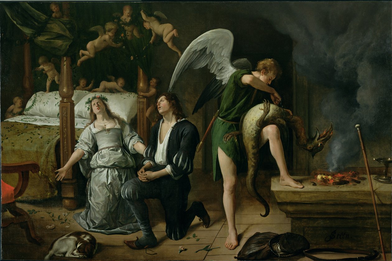 Tobias和Sarah与Archangel Raphael驱逐恶魔Asmodeus，恢复的版本从两个分开的碎片重新组装（预修复版本见81208） 作者 扬·哈维克斯佐恩·斯汀