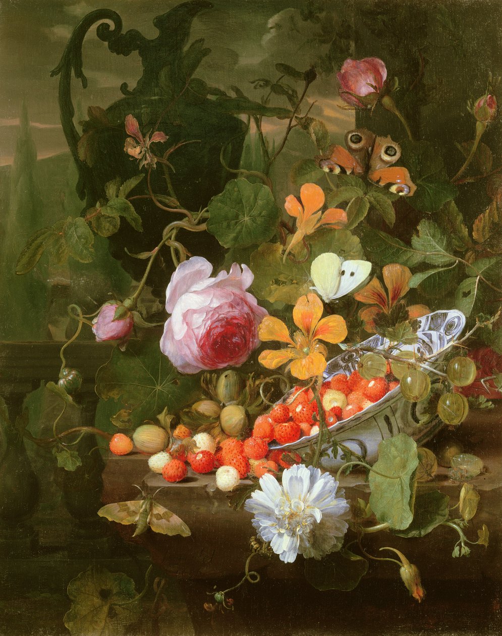 草莓静物画在碗和花的，1696年 作者 扬·莫特尔