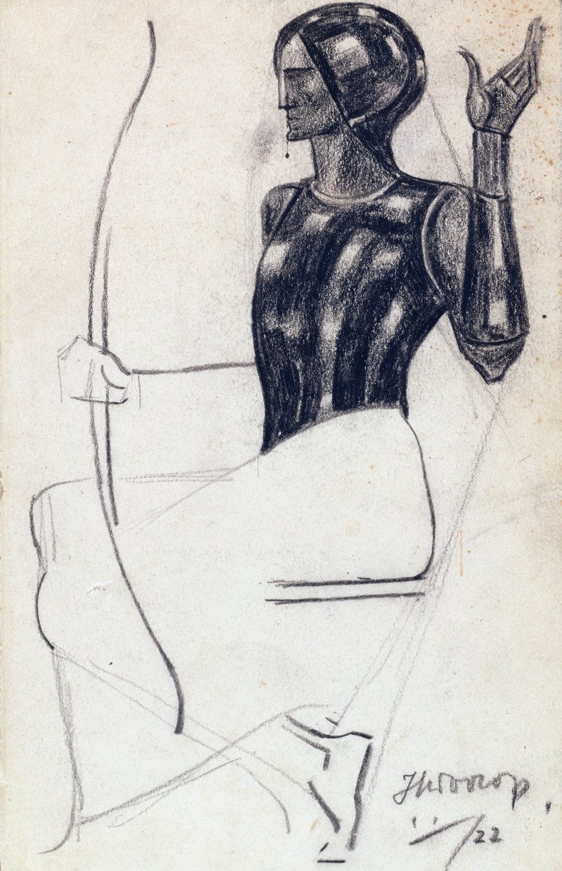 坐着的女弓箭手，1922年（粉笔在纸上） 作者 扬·图洛普