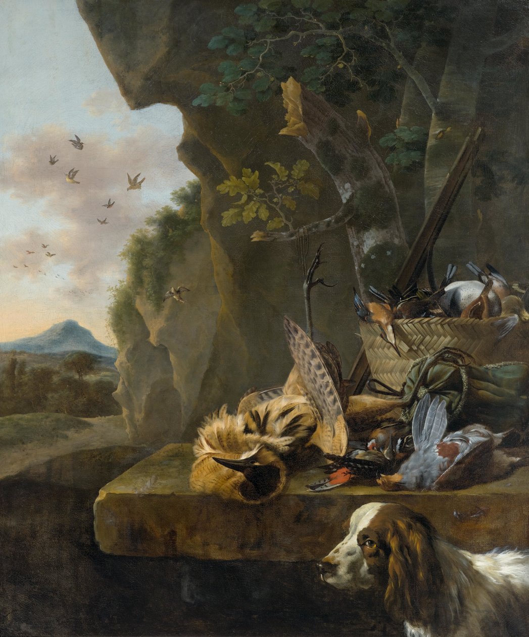 在景观中狩猎静物与卤水和狗 作者 Jan Baptist Weenix