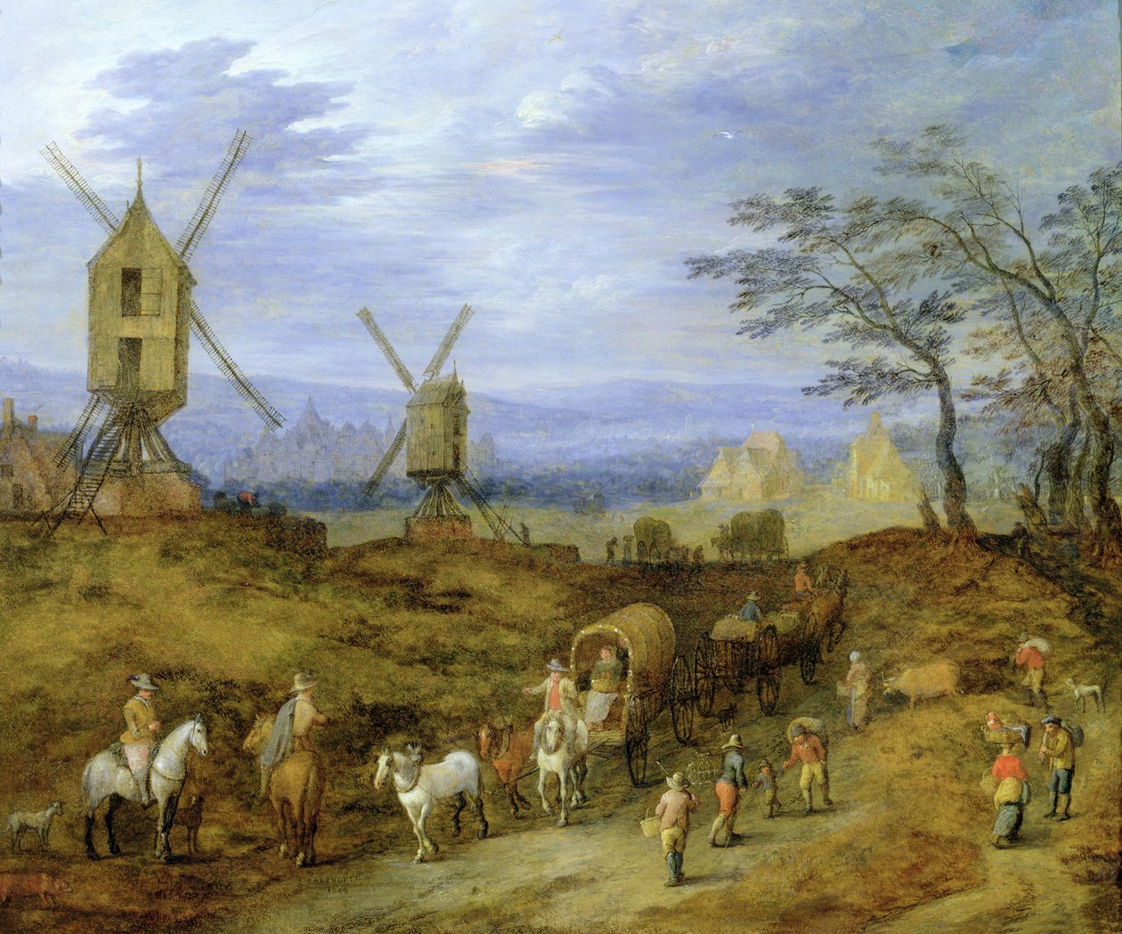景观与风车附近的旅行者 作者 扬·布鲁格（Jan Brueghel）