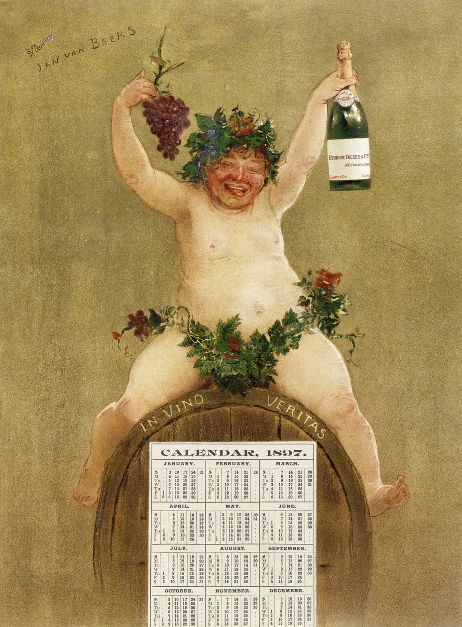 Pfungst Freres Champagne的促销日历，说明Bacchus坐在一个桶上，上面印着传说中的&39;In Vino Veritas&39;，1897 作者 扬·范·比尔斯