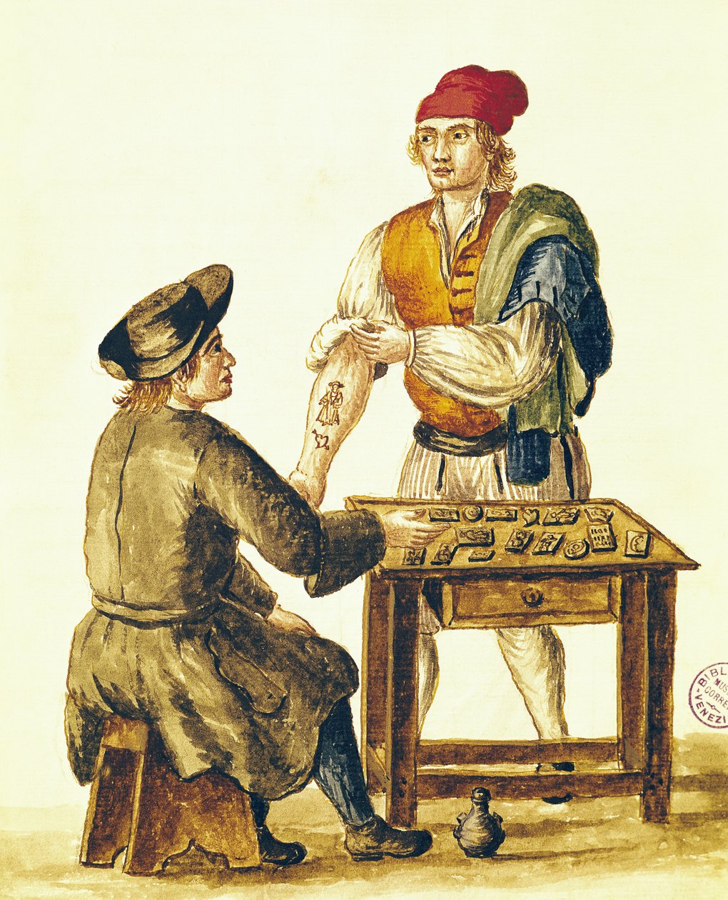 威尼斯Tattooer（笔墨水和纸张上的wc） 作者 扬·范·格雷文布罗克