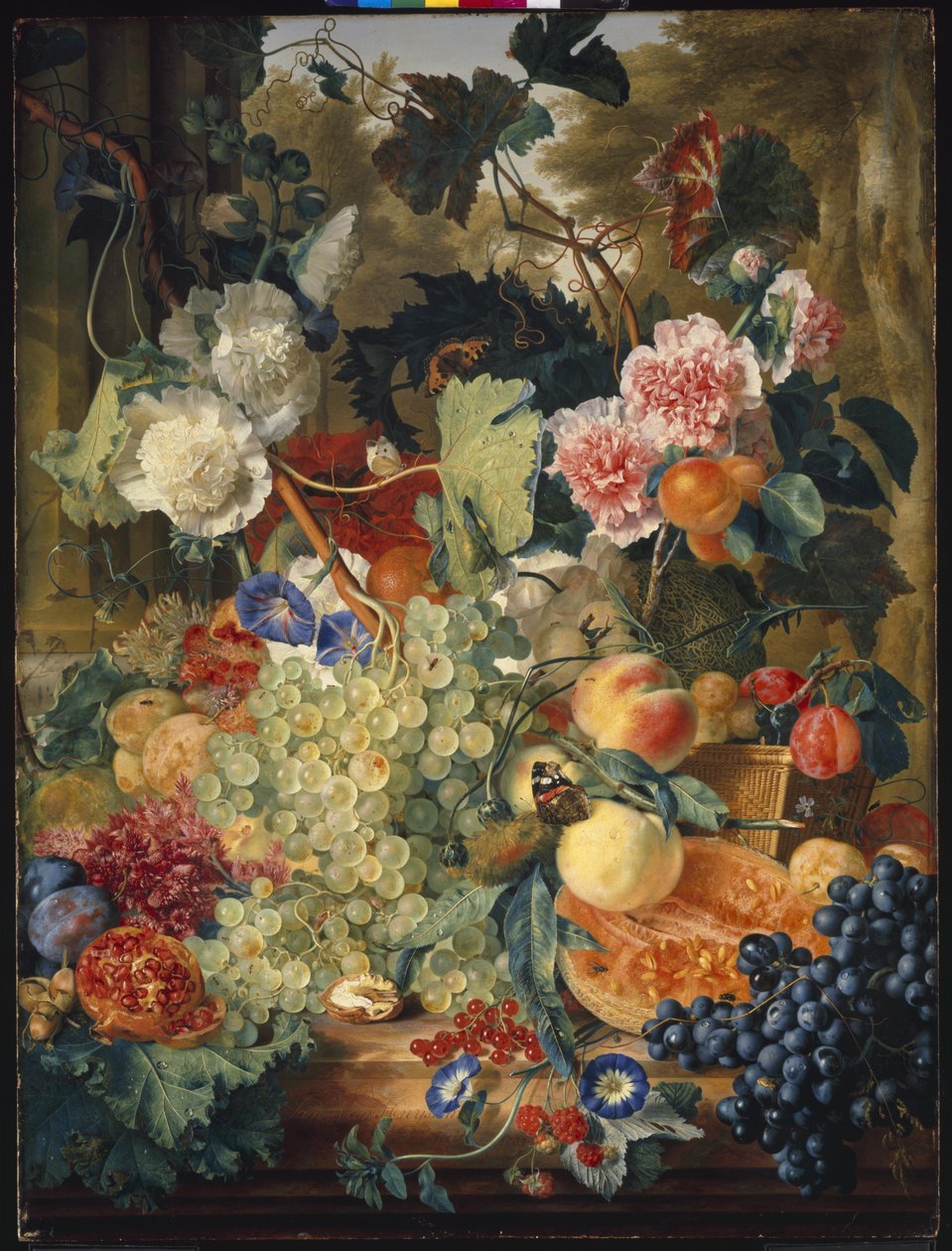 花和果子静物画在一块大理石平板 作者 扬·范·休森（Jan van Huysum）