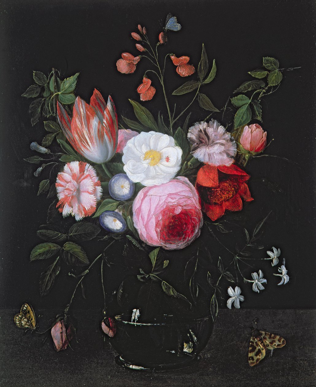 春天的花朵在一个玻璃花瓶，17世纪 作者 扬·范·凯塞尔（Jan van Kessel）