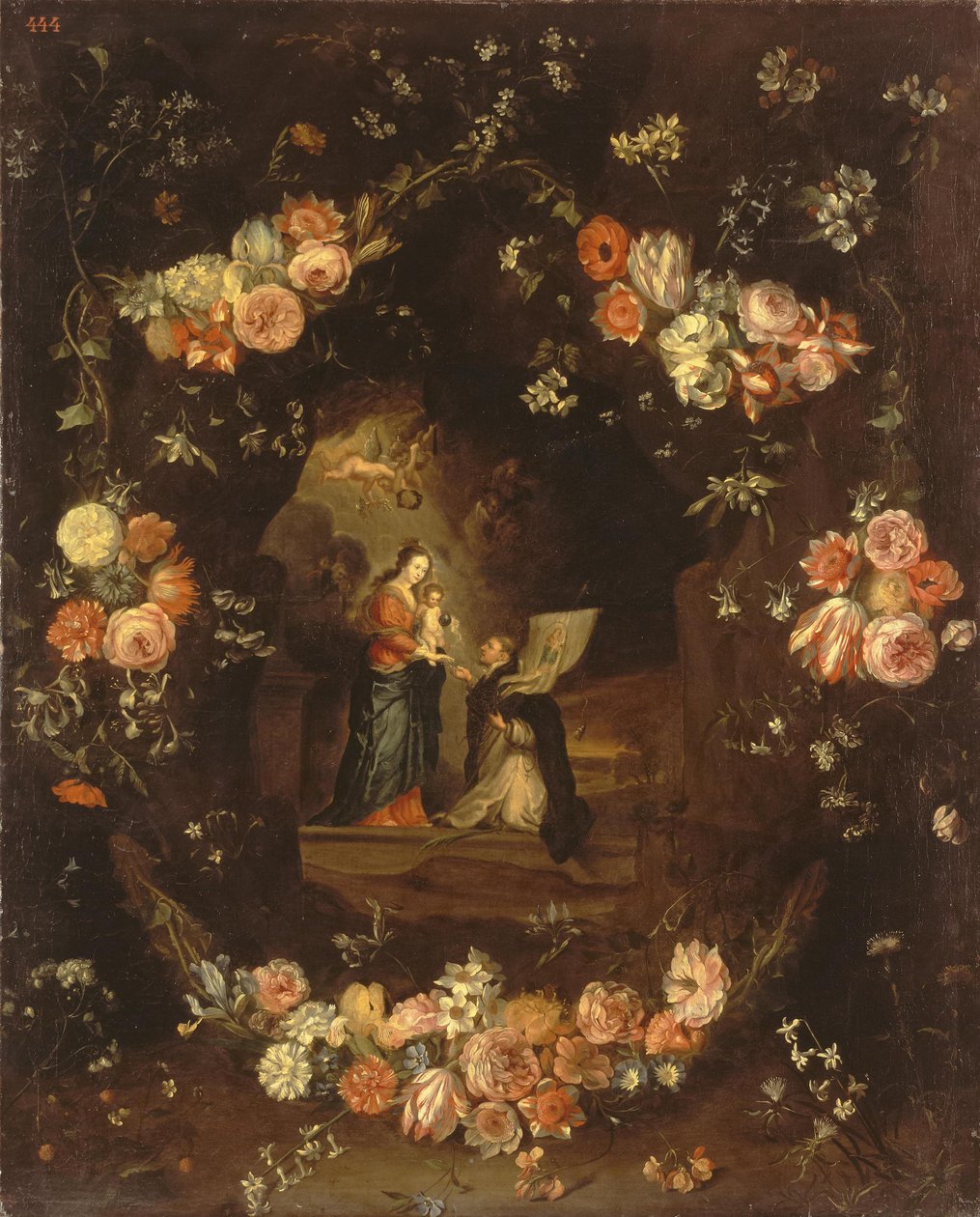 麦当娜与孩子和圣Ildephonsus框架与花花环 作者 扬·范·凯塞尔（Jan van Kessel）