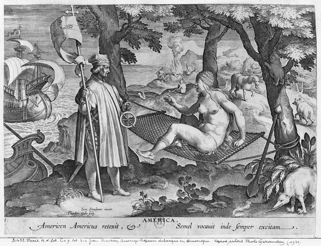 Amerigo Vespucci（1454-1512）登陆美国，由Theodor Galle雕刻（1571-1633） 作者 扬·范德·斯特雷特