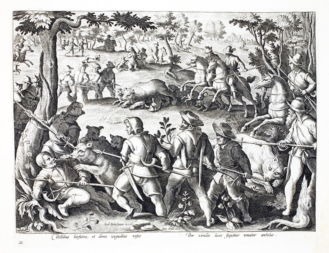 熊狩猎与狗和矛，插图来自&39;Venationes，Ferarum，Avium，Piscium&39;（狩猎：野兽，鸟类，鱼类），由Jan Collaert（1566-1628），酒吧雕刻。作者：Phillipus Gallaeus，Ams 作者 扬·范德·斯特雷特