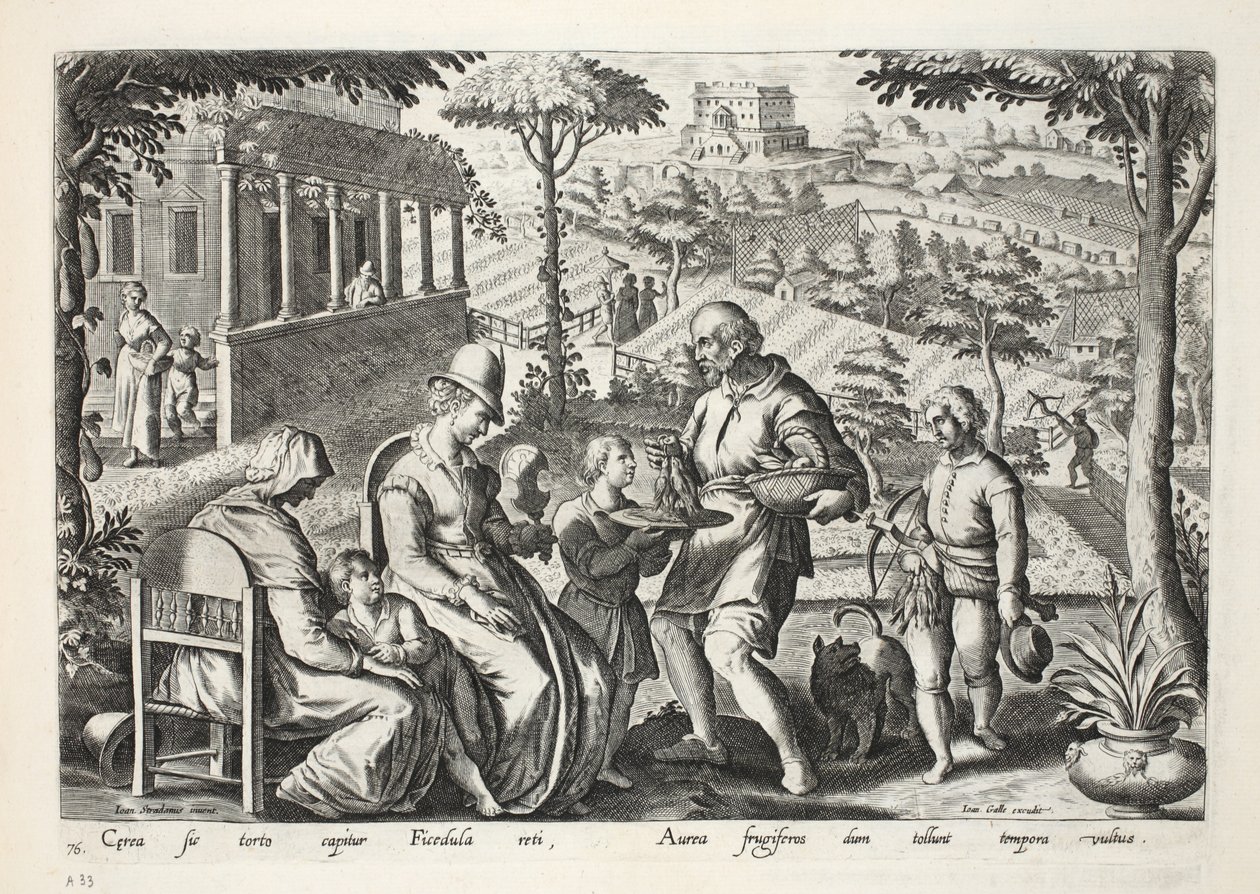 Birdcatchers卖死鸟，盘子76，插图来自&39;Venationes，Ferarum，Avium，Piscium&39;（狩猎：野兽，鸟类，鱼类），由Jan Collaert（1566-1628）雕刻，酒吧。菲利普斯加拉 作者 扬·范德·斯特雷特