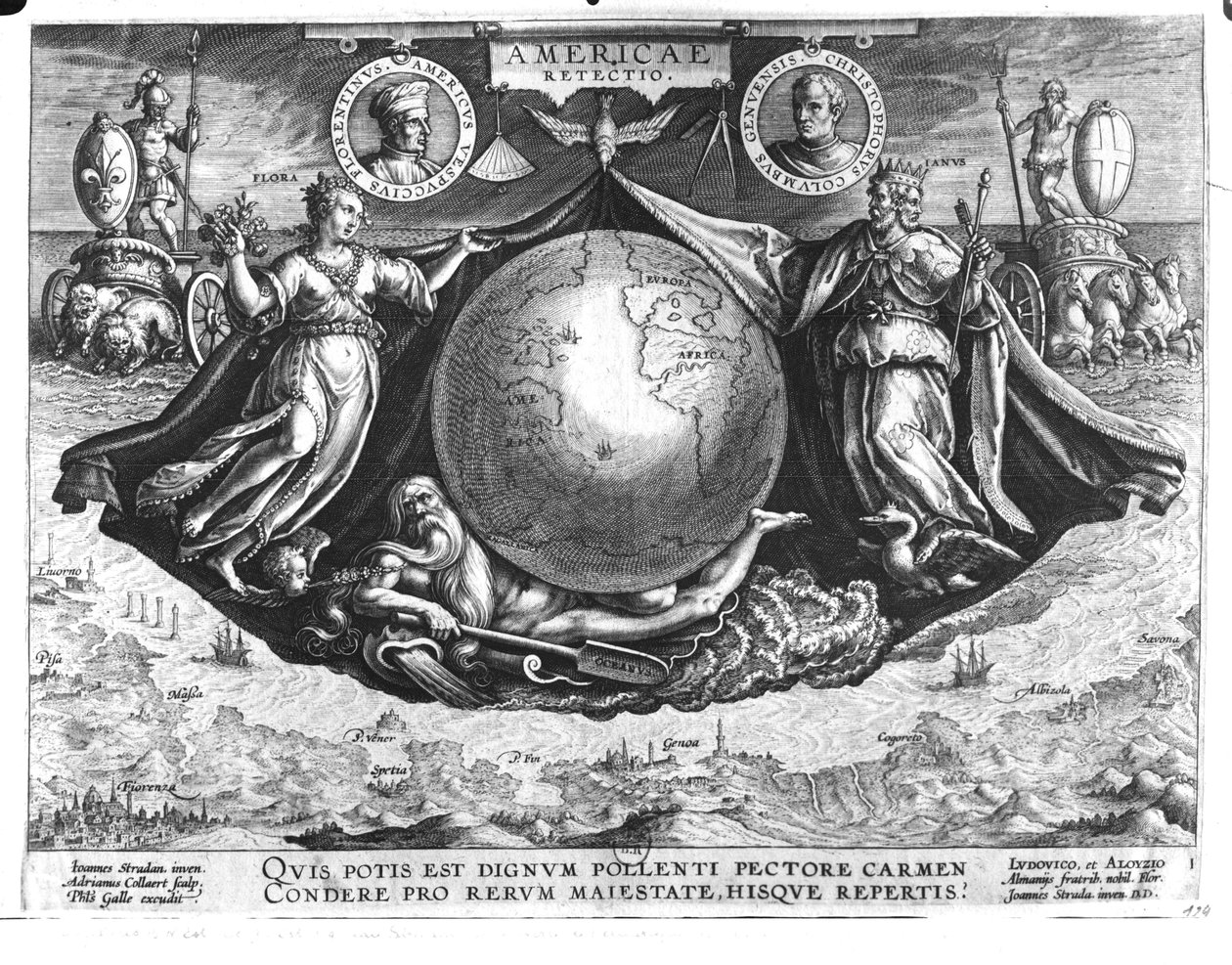 发现美国的Amerigo Vespucci（1454-1512）和克里斯托弗·哥伦布（1451-1506）的肖像由Jan Collaert（1566-1628）雕刻，由Philipp Galle（1537-1612）c.1600（b） 作者 扬·范德·斯特雷特