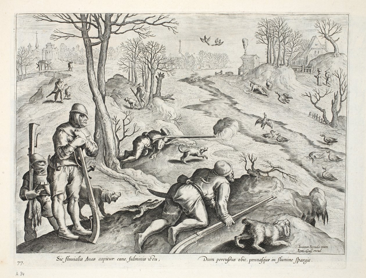 鸭子射击，插图来自&39;Venationes，Ferarum，Avium，Piscium&39;（狩猎：野兽，鸟类，鱼类），由Jan Collaert（1566-1628）雕刻，酒吧。来自阿姆斯特丹的Phillipus Gallaeus 作者 扬·范德·斯特雷特