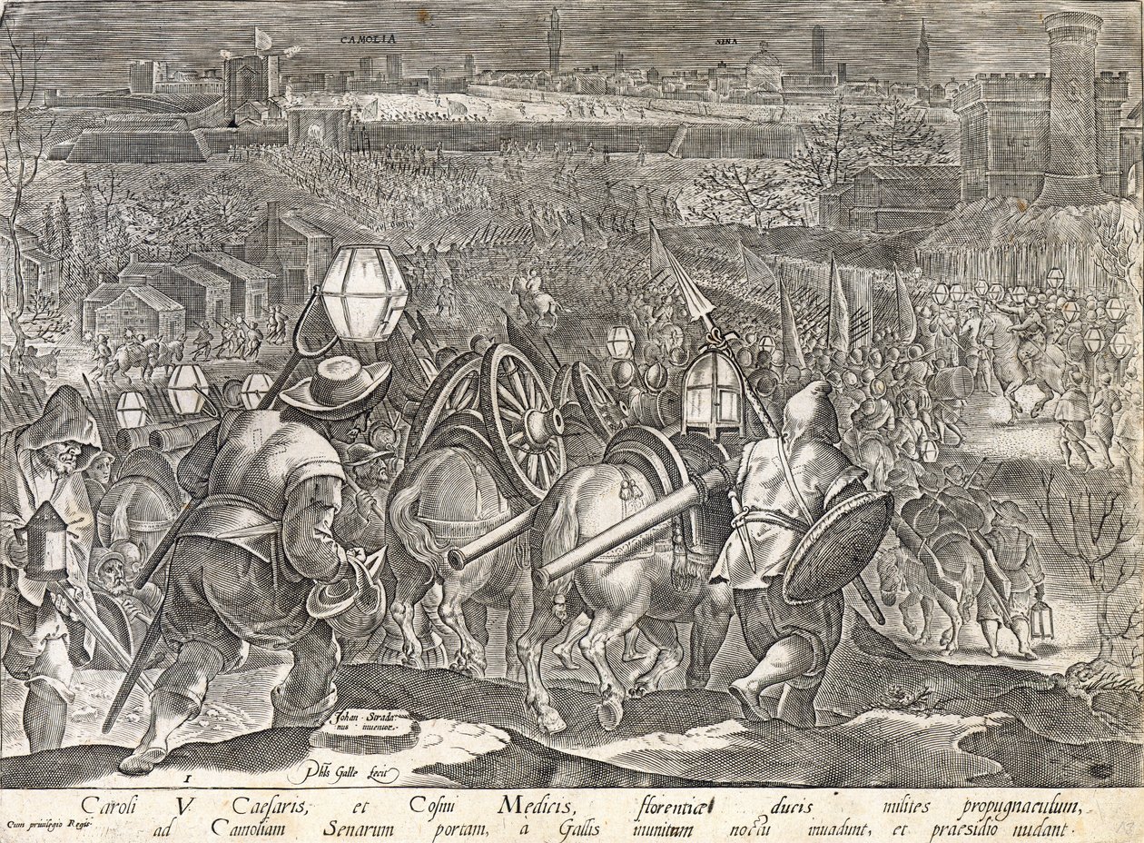 皇帝查理五世和Cosimo I de&39;Medici在锡耶纳的Porta Camollia，来自“美第奇历史”的版画，由Philip Galle（1537-1612）雕刻，c.1583 作者 扬·范德·斯特雷特