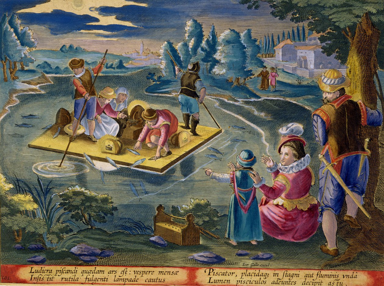 晚上在湖上钓鱼，来自阿姆斯特丹Phillipus Gallaeus出版的Jan Collaert（1566-1628）雕刻的“Venationes Ferarum，Avium，Piscium”（狩猎：野兽，鸟类，鱼类）的101号板 作者 扬·范德·斯特雷特