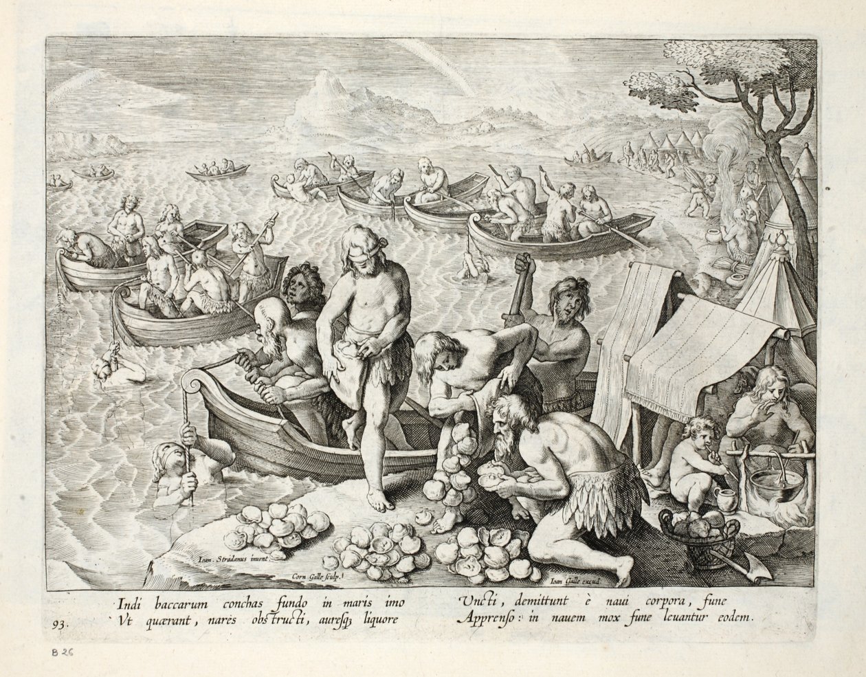 印第安人潜水为珍珠，93号板，插图来自&39;Venationes，Ferarum，Avium，Piscium&39;（狩猎：野兽，鸟类，鱼类），由Jan Collaert（1566-1628）雕刻，酒吧。作者：Phillipus Gallaeus，A 作者 扬·范德·斯特雷特
