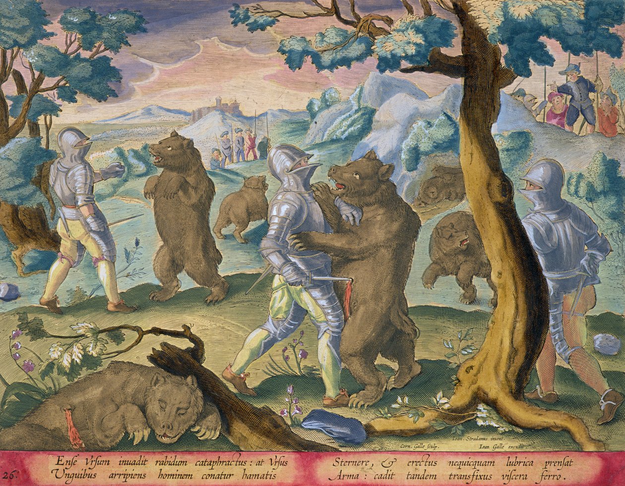 穿着重型装甲攻击的男子在生命中刺伤他们，从&39;Venationes Ferarum，Avium，Piscium&39;（狩猎：野兽，鸟类，鱼类）的板块26雕刻由Jan Collaert（1566-1628）publishe 作者 扬·范德·斯特雷特