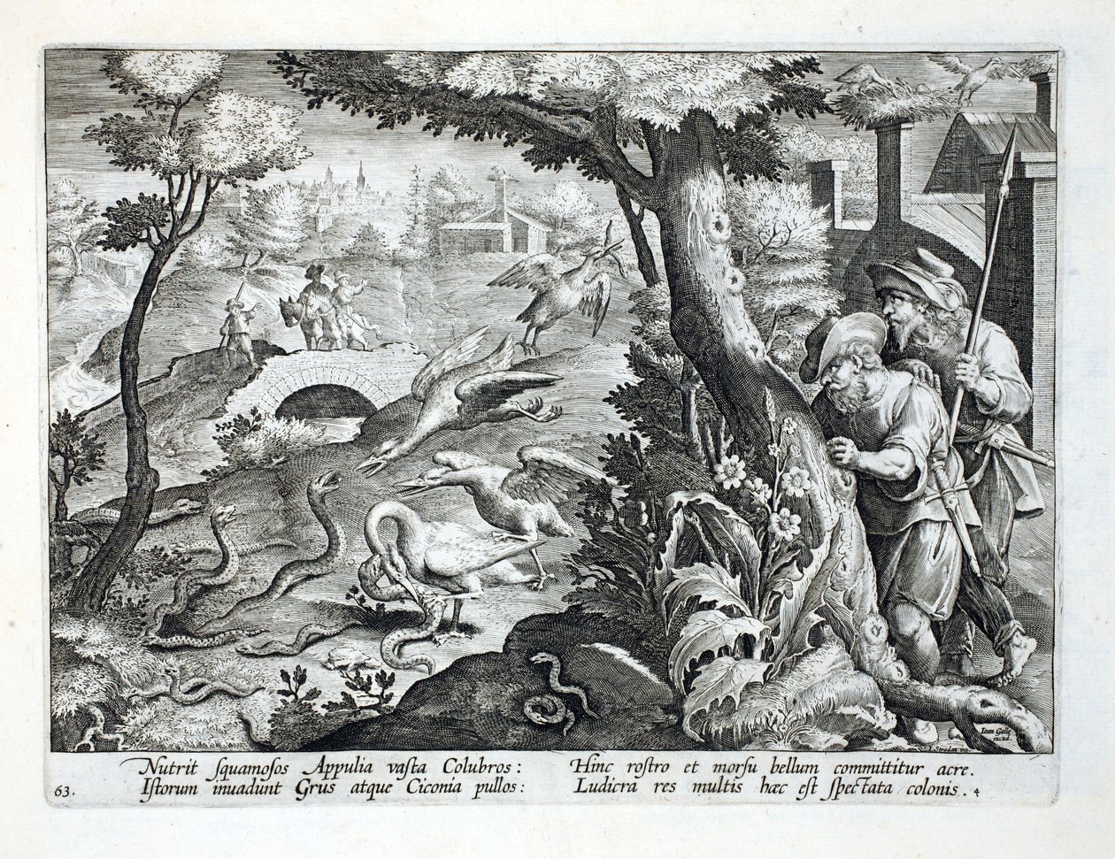 塔吊和他们的小鸡俯冲着蛇，插图来自&39;Venationes，Ferarum，Avium，Piscium&39;（狩猎：野兽，鸟类，鱼类），由Jan Collaert（1566-1628）雕刻，酒吧。菲尔 作者 扬·范德·斯特雷特
