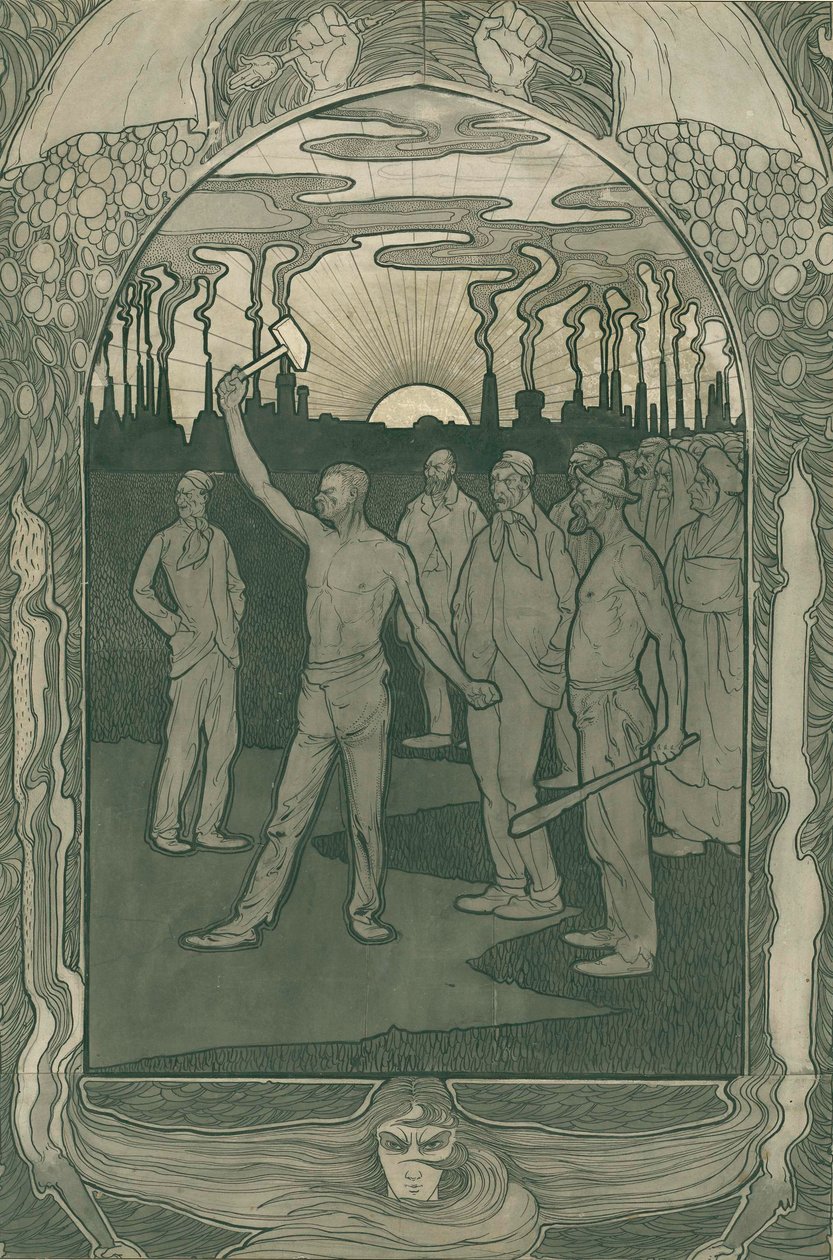 工厂工人坚强团结，1900年（笔在纸上） 作者 扬·范德瓦德