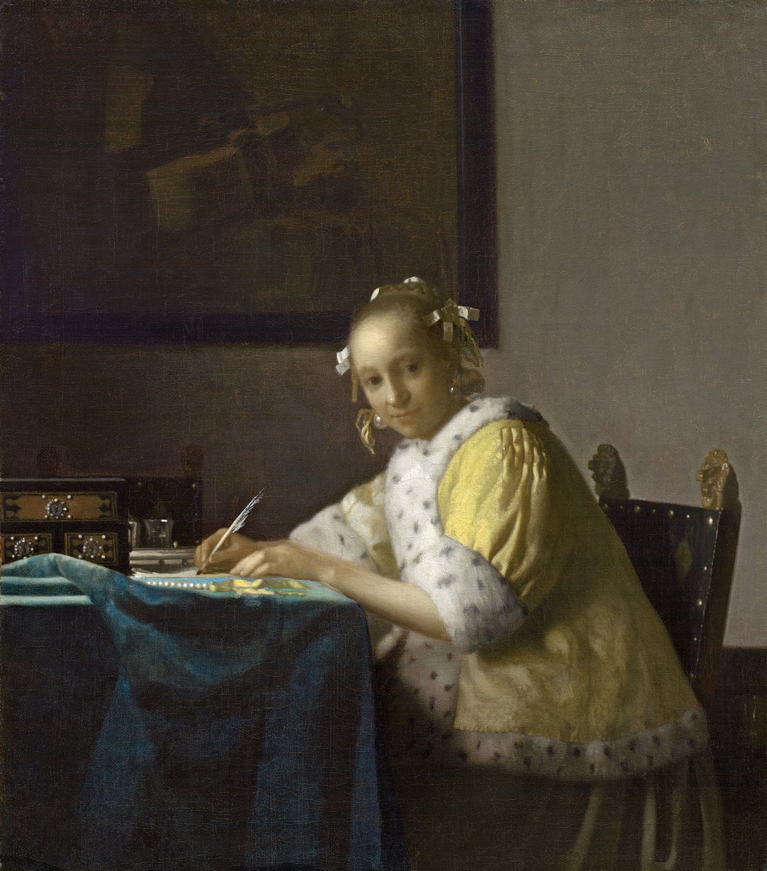 一位女士写作，c。 1665（布面油画） 作者 约翰·维米尔