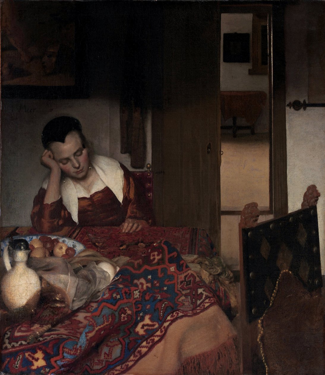 沉睡的女孩--约翰内斯-维米尔（维米尔-德尔福特）（1632-1675）的绘画，布面油画 作者 约翰·维米尔