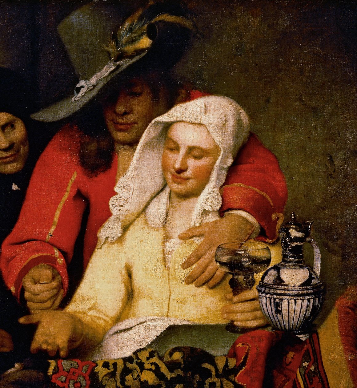 一个男人向一个触摸她乳房的女人伸出一枚硬币，细节来自 The Procuress 作者 约翰·维米尔