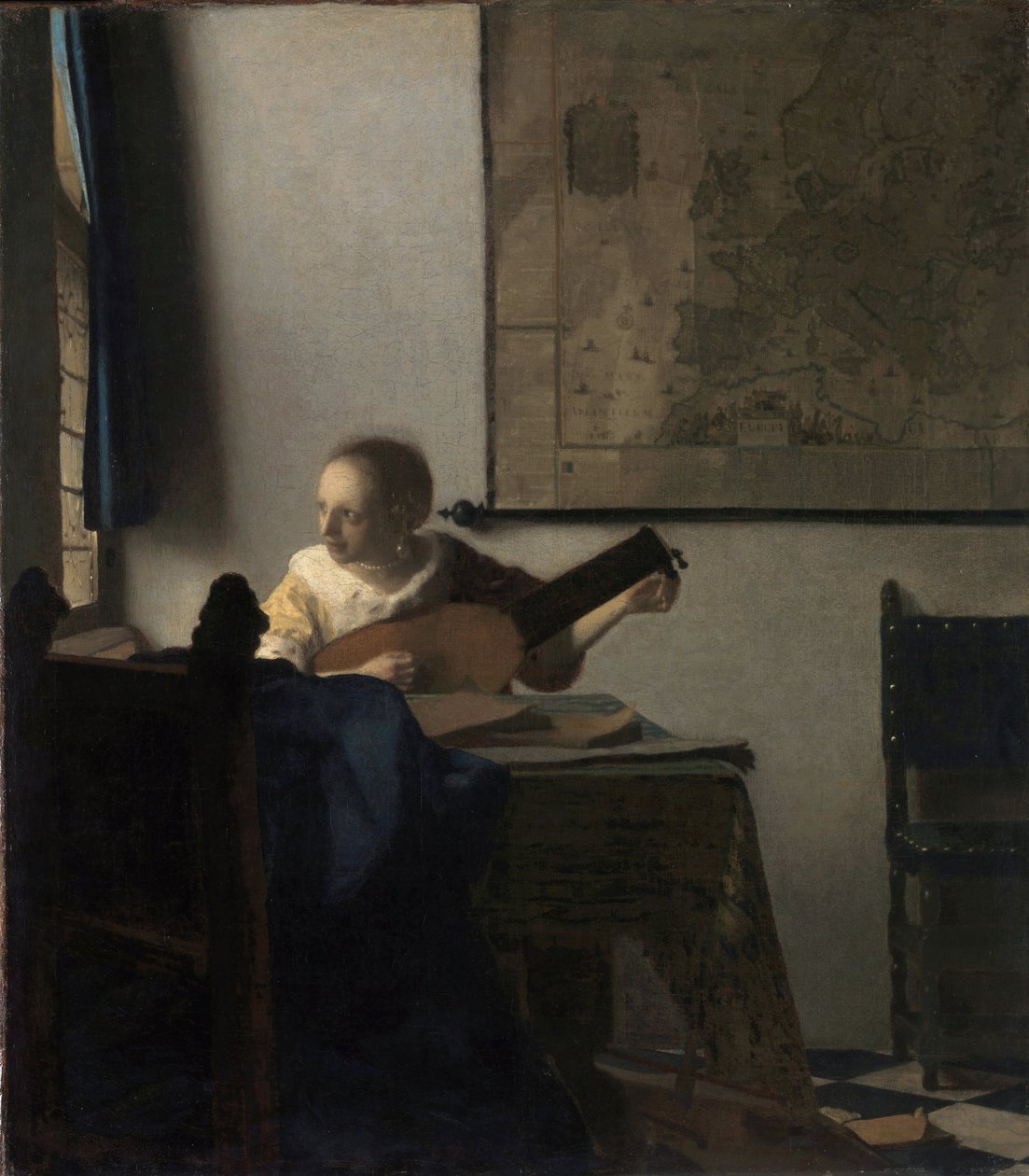 弹琵琶的女人--约翰内斯-维米尔（Vermeer de Delft）（1632-1675）的画作，布面油画，约1663年，51.4x45.7厘米。大都会艺术博物馆，纽约 作者 约翰·维米尔