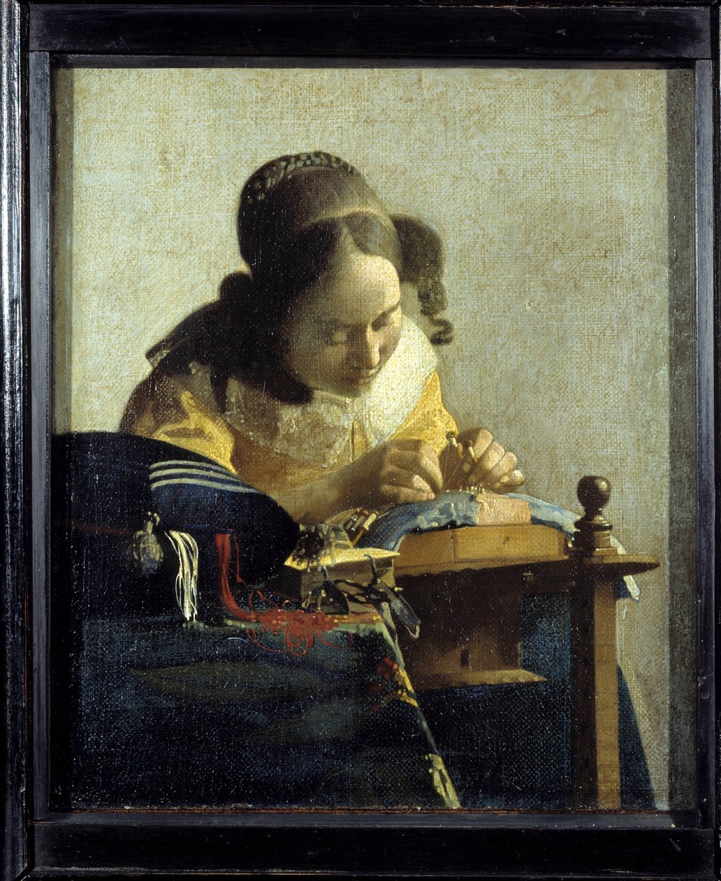 The lace. Painting by Jan (Johannes) Vermeer of Delft (1632-1675), circa 1658-1660. Oil on canvas. Dim: 0,24x0,21m. Louvre Museum. 作者 约翰·维米尔