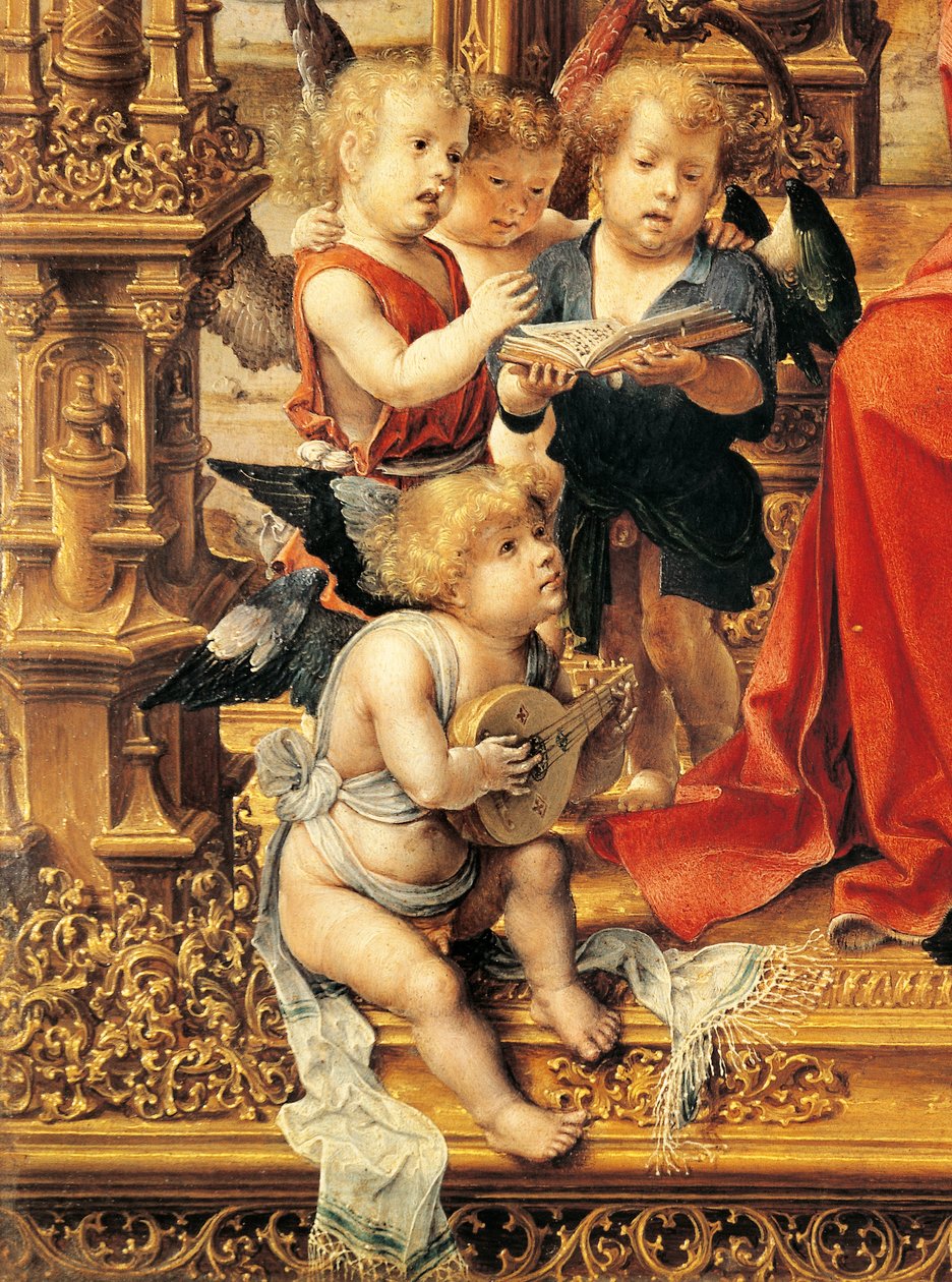 天使演奏乐器，马尔文三联画中央面板的细节 作者 扬 (c.1472 c.1533) 戈萨尔特