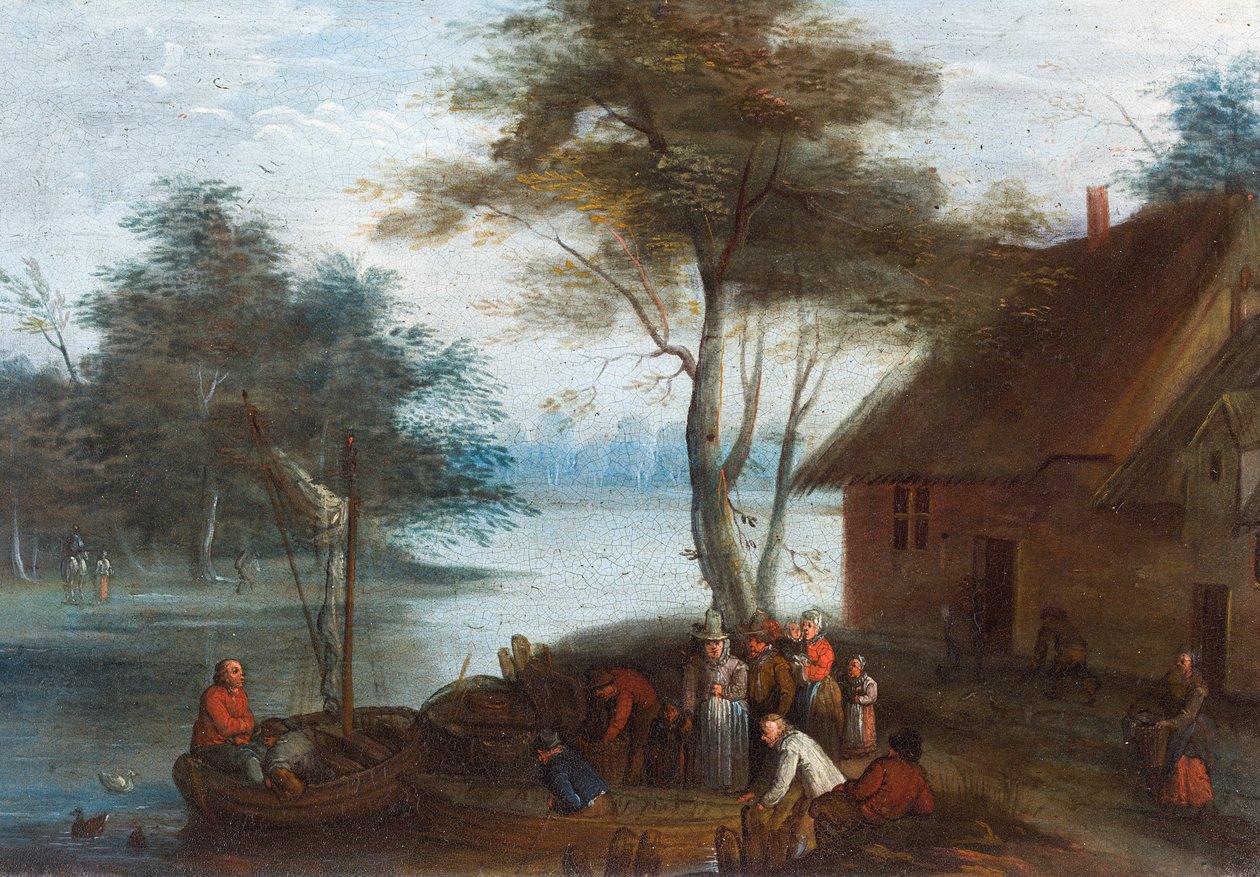 A river landscape with figures by a building getting into boats 作者 扬（勃鲁盖尔的追随者）