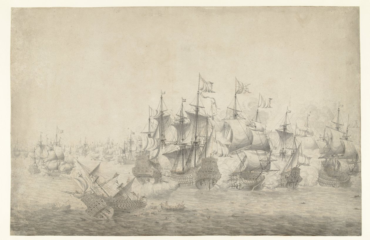1665 年 6 月 13 日可能在洛斯托夫特发生的一场海战（左页） 作者 扬·亚伯拉罕兹。 Beerstraten（可能）