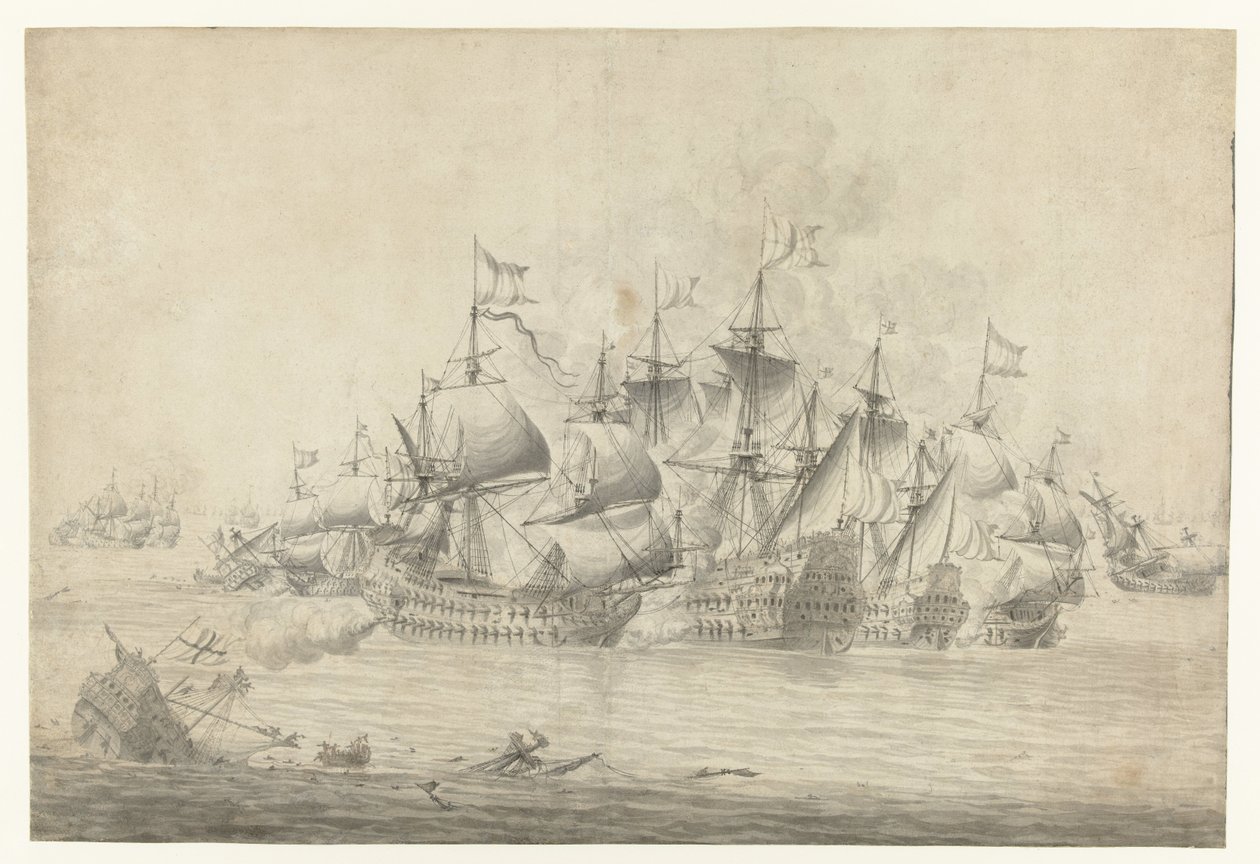 一场海战，可能发生在 1665 年 6 月 13 日的洛斯托夫特（右页） 作者 扬·亚伯拉罕兹。 Beerstraten（可能）