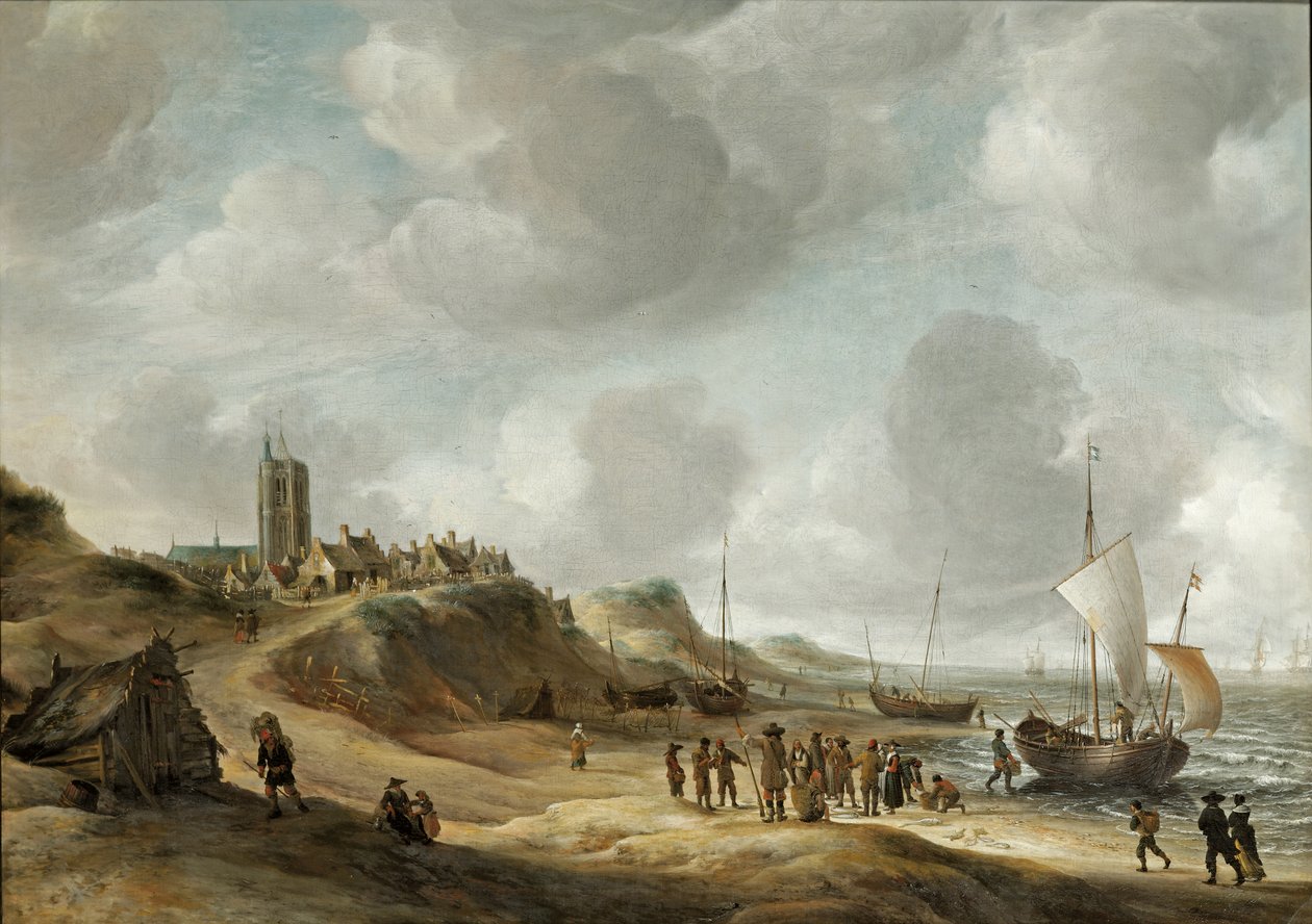 Egmond aan Zee与渔民在海滩上和海上运输的视图 作者 扬·亚伯拉罕（Jan Abrahamsz）。啤酒率